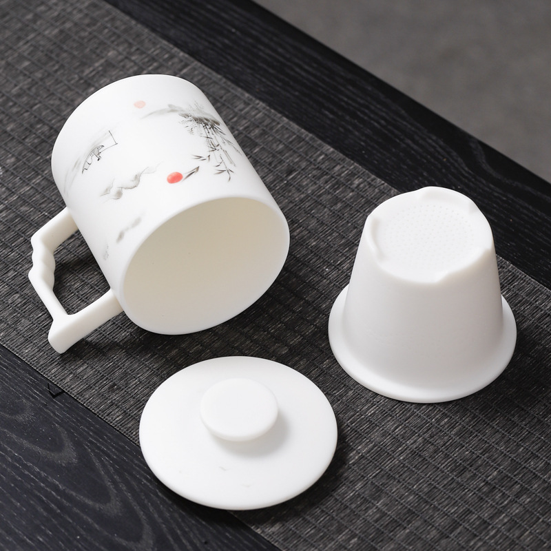 Cốc văn phòng vẽ tay sứ ngọc bích mỡ cừu nướng chay cốc pha trà lọc cốc nước cá nhân gia dụng quà tặng cha mẹ và người lớn tuổi