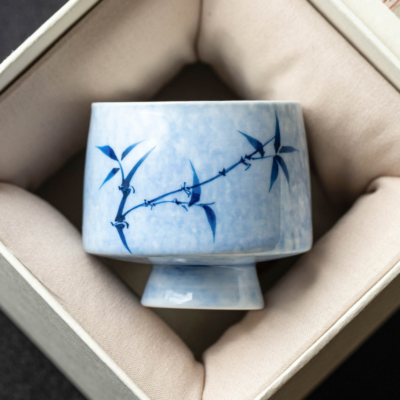Cốc trà xám thực vật cốc đơn vẽ tay tre mực chân cao cốc ngọc bích cốc trà gia dụng cốc chủ nhân cốc uống trà