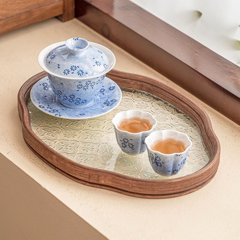 Chén trà ba tài bằng gốm sứ bộ trà kungfu hoa cúc xanh vẽ tay bộ trà phong cách Trung Quốc mới một bát hai chén bát trà