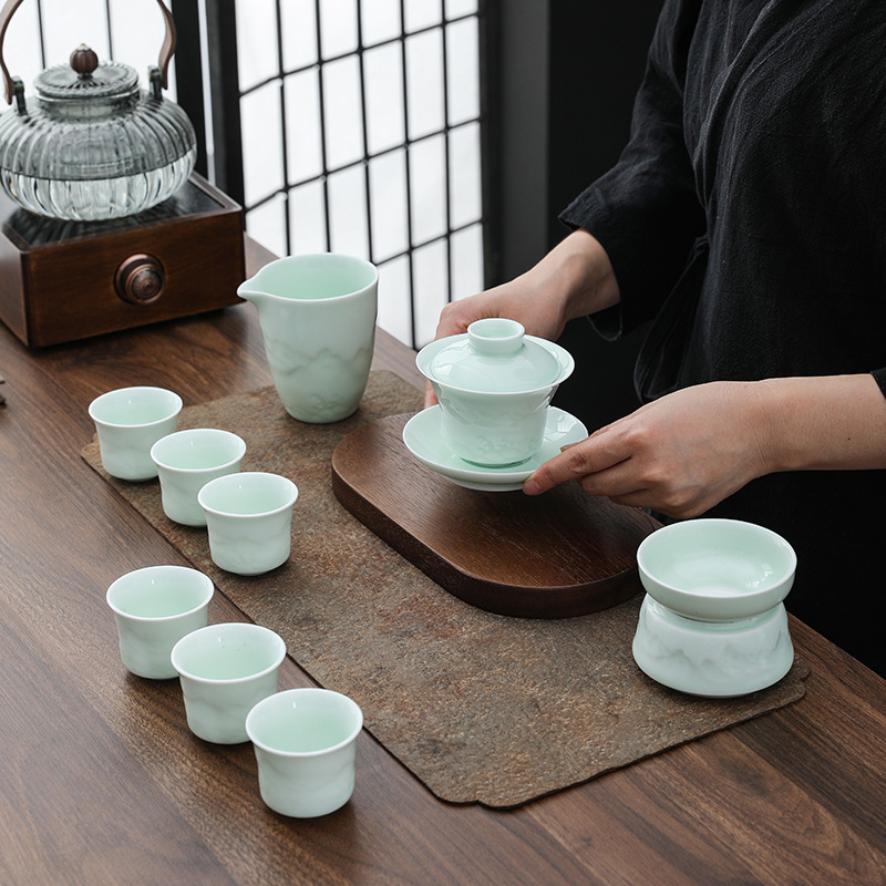 Bộ trà Kung Fu núi biển nổi màu xanh mận Bộ trà hộp quà bộ trà men ngọc bộ gia dụng pha trà khách văn phòng