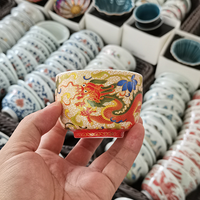 Cốc chủ nhân gốm sứ cao cấp Jingdezhen cốc men màu rồng phượng đôi tách trà bộ trà cặp đôi cốc trà cốc trà đơn