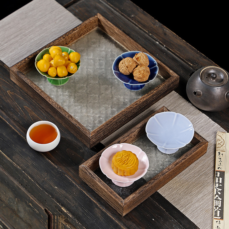 Khay đựng đồ ăn nhẹ kiểu Trung Quốc, khay đựng đồ uống giải khát nhỏ retro tinh tế, đĩa cao, bánh trái cây gốm sứ, đĩa ăn nhẹ trái cây sấy khô