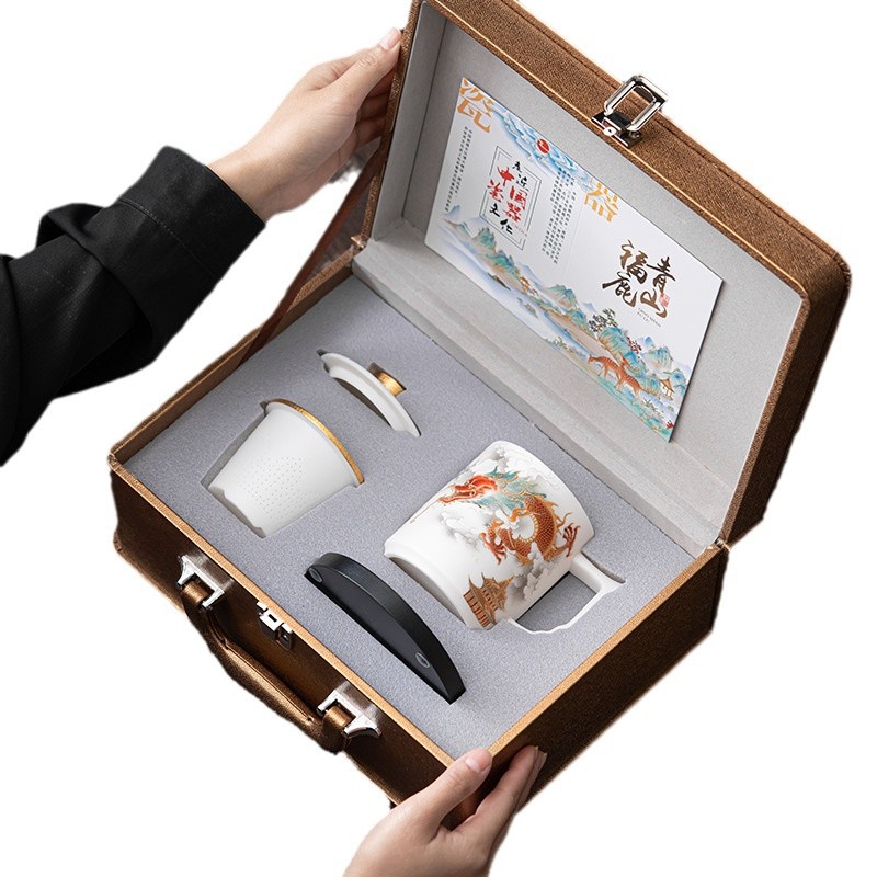 Cốc văn phòng bằng sứ trắng ngọc bích có tay cầm cốc pha trà tách trà rồng phượng 2024 cốc nước cao cấp quà tặng năm rồng