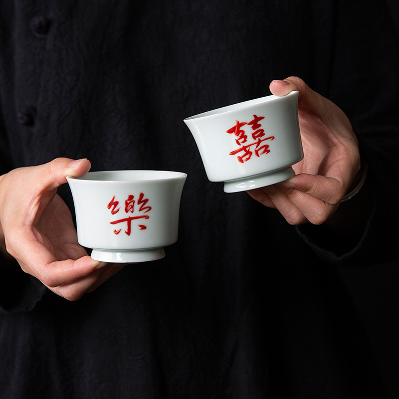 Cốc trà gốm sứ vẽ tay, cốc chủ nhân, cốc đổi miệng, bộ trà công phu đám cưới, cốc trà đính hôn đám cưới