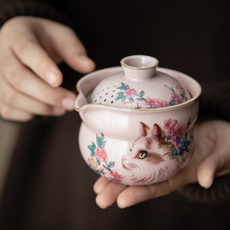 Bộ trà du lịch bầu mèo hồng, một ấm hai cốc gốm sứ, cốc khách nhanh di động, trà du lịch ngoài trời