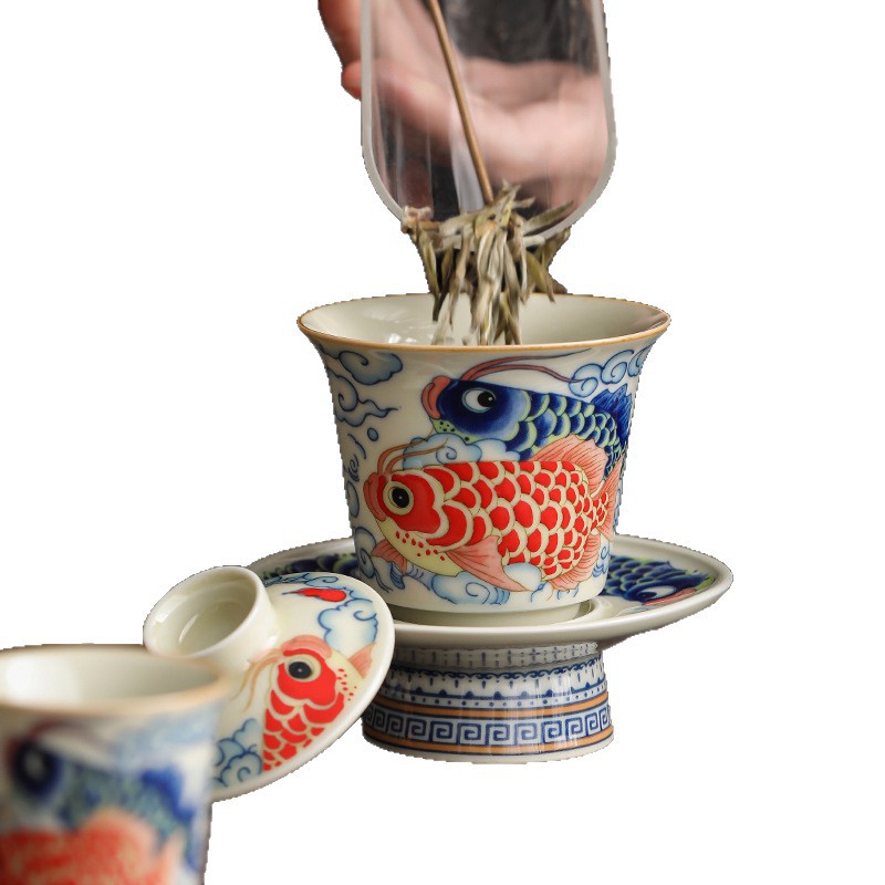 Bộ cốc trà ba nắp cá rồng móng ngựa bộ bát trà không nóng chuyên dụng cá nhân bộ trà cao cấp bộ ba món