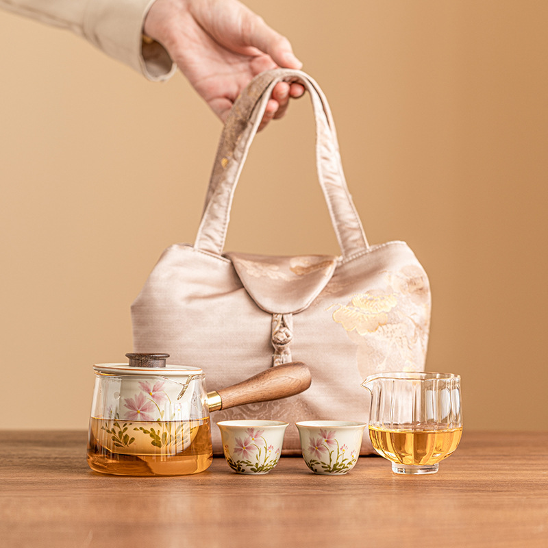 Bộ ấm trà tay cầm bên hoa cúc nhỏ vẽ tay Bộ ấm trà du lịch ngoài trời Bộ tách trà Kung Fu cầm tay di động