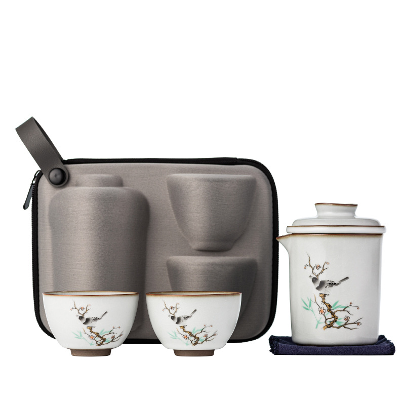 Bộ ấm chén trà Ru Kiln kiểu Nhật, di động, du lịch ngoài trời, một ấm hai chén, gốm sứ, kiểu Kung Fu, men nứt