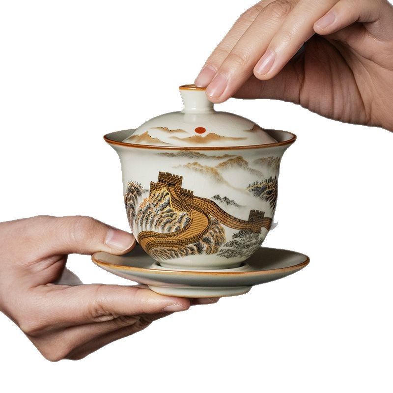 Cốc trà nắp tam tài Vạn Lý Trường Thành lơ lửng bát trà cỡ lớn cao cấp có nắp bộ trà mẫu mới 2025