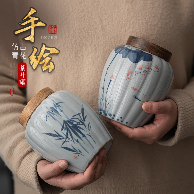 Bình đựng trà trắng xanh vẽ tay tráng men, bình đựng trà gốm sứ chống ẩm kín, dụng cụ đựng trà Kung Fu gia dụng, Bình Đựng Trà