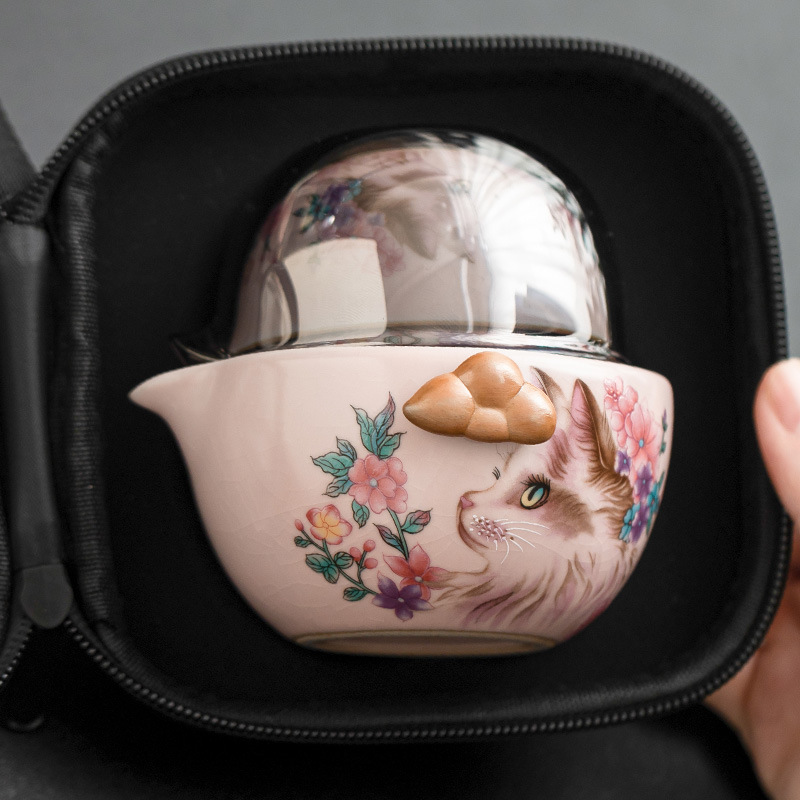 Jisu Ru lò hoa mèo Xiangyun cốc khách nhanh ngoài trời bộ trà du lịch di động có thể mở một ấm hai cốc