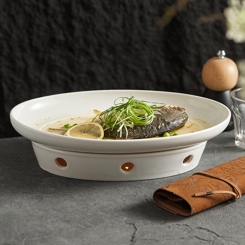 Đĩa cá với bếp nến sưởi ấm nồi khô khay bếp cách nhiệt nhà hàng cao cấp khách sạn Bộ đồ ăn đặc biệt đĩa gốm thương mại