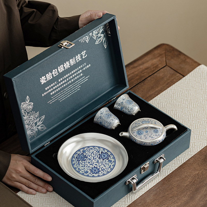 Bộ ấm gốm sứ Hàn Hoa sen mạ bạc Bộ ấm một ấm hai cốc có ấm gốm sứ Bộ ấm trà Kung Fu Quà tặng doanh nghiệp