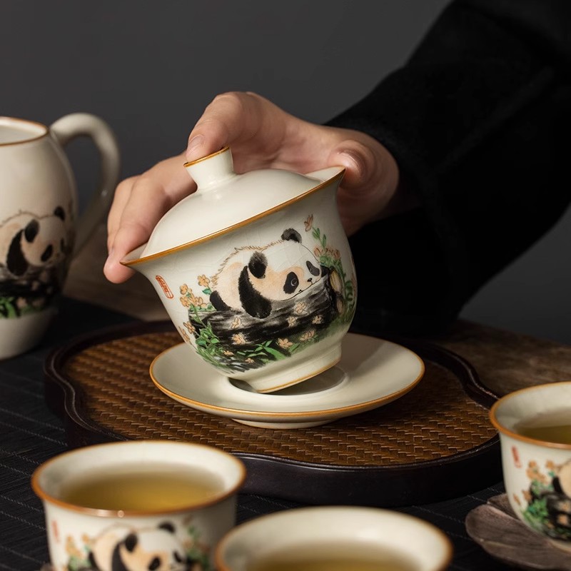 Bộ trà bát có nắp 3 tài gốm sứ Ru Kiln Panda Bộ trà Kung Fu một ấm sáu chén cao cấp cho phòng khách gia dụng