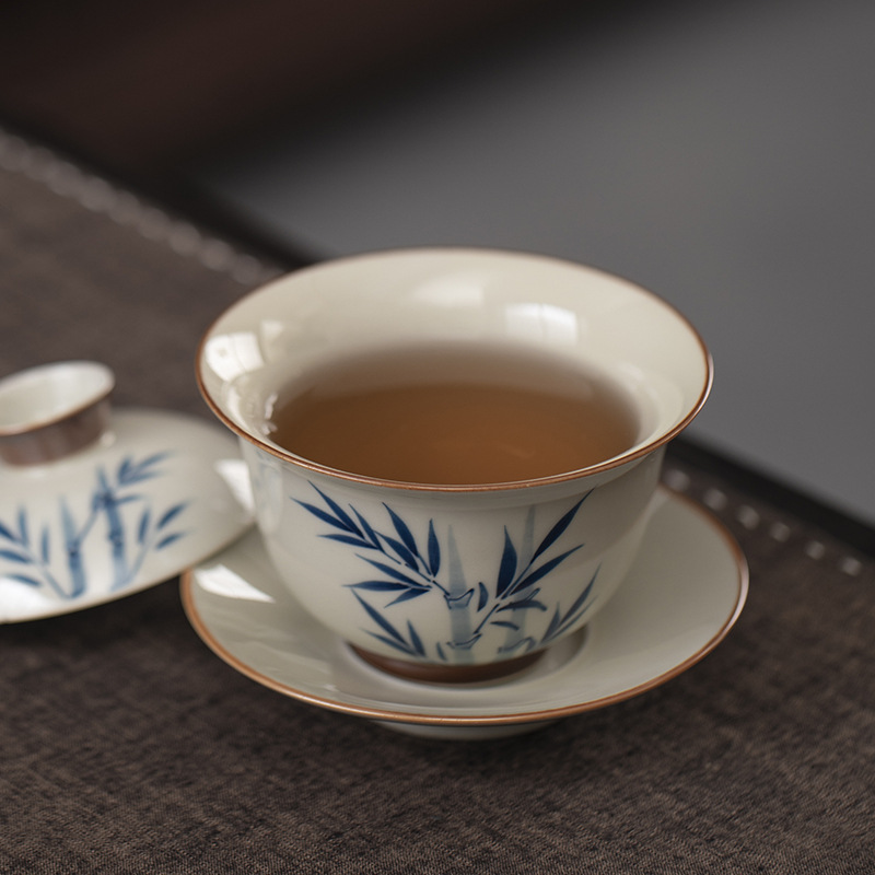 Bát có nắp ba tài vẽ tay cổ điển, bộ trà gốm sứ gia dụng cao cấp một cỡ lớn, cốc trà, bát trà màu tráng men Kung Fu