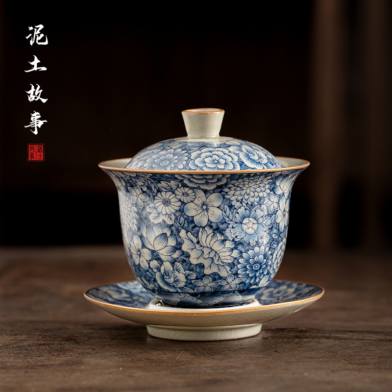 Bộ trà bát có nắp Sancai bằng đất sét cũ, bộ trà có nắp, bộ trà có nắp, bát có nắp Sancai chống bỏng