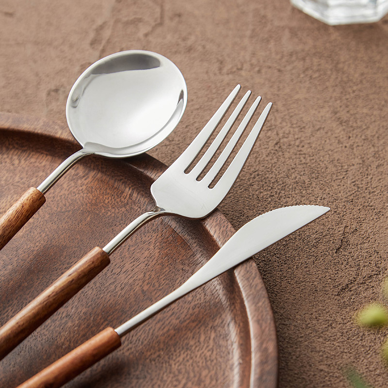 Bộ đồ ăn phương Tây tay cầm bằng gỗ hoa lê, dao, nĩa và thìa ba miếng, inox 304 thương mại, thìa tráng miệng bít tết