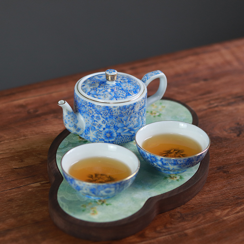 Bộ trà du lịch tráng men xanh trắng bộ một ấm hai cốc bộ trà cao cấp túi đựng đồ xách tay bán buôn cốc khách nhanh