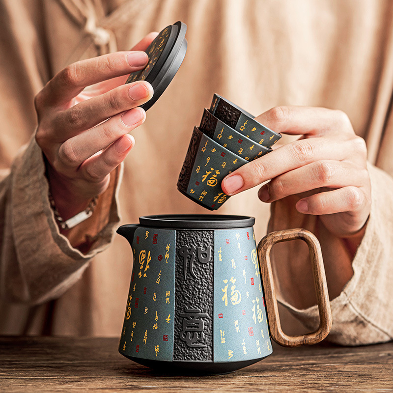 Bán buôn bộ ấm trà du lịch di động thủy tinh bộ cốc nhanh Cốc du lịch ngoài trời ấm trà di động cốc trà một ấm Ba cốc