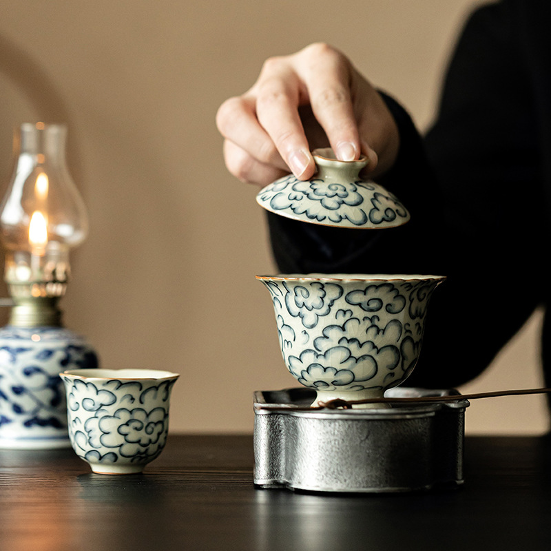 Xiangyun Ru Lò ren hai nắp bát uống trà bát tách trà đơn không nóng tay dụng cụ pha trà Kung Fu gốm cổ