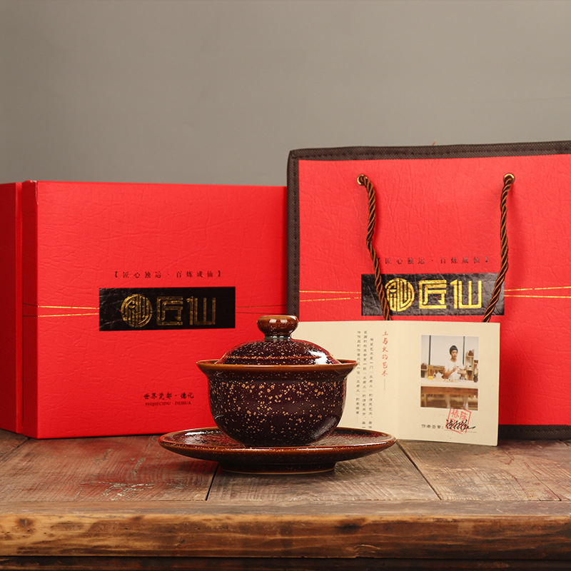 Bậc thầy thợ thủ công Chen Weichun Golden Gui Sancai Bát trà Cốc gốm sứ Bộ trà Kung Fu thủ công