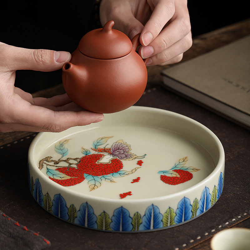 Chậu vải thiều gốm sứ, bàn pha khô, phụ kiện bộ trà kungfu cao cấp kiểu Trung Quốc, bát có nắp đựng đồ ăn nhẹ, khay đựng trà