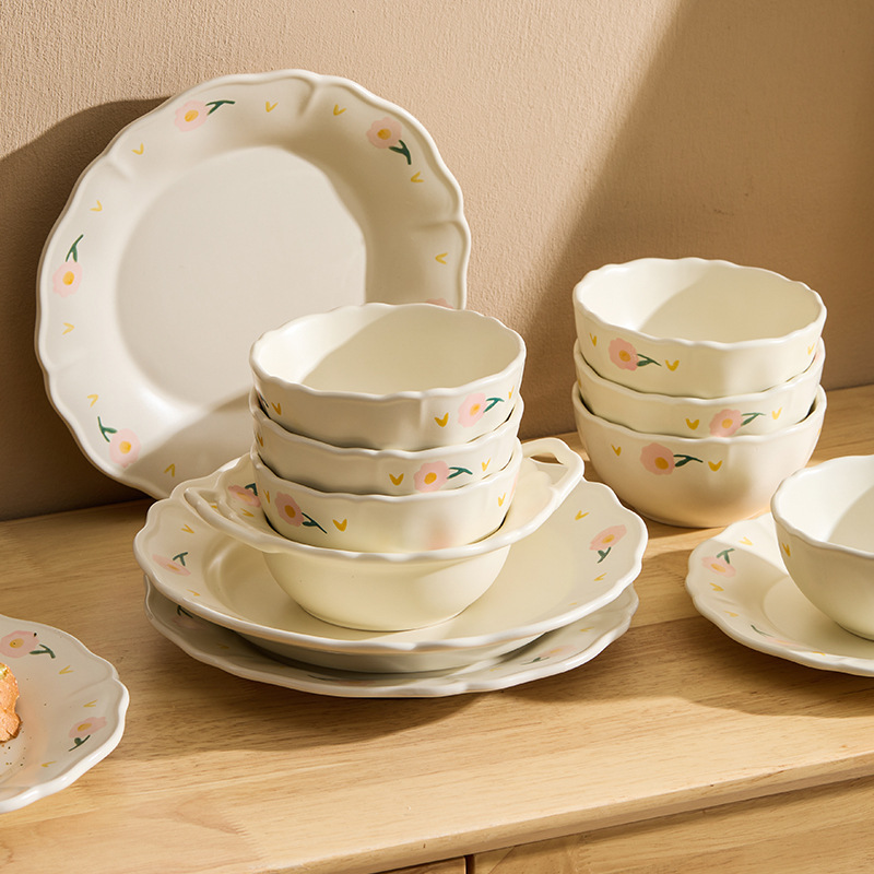 Bộ đồ ăn gốm sứ họa tiết hoa mẫu đơn, gồm bát và đĩa, dùng trong nhà, mẫu mới 2025, đồ dùng nhà bếp, đĩa ăn, bát ăn, thẩm mỹ cao