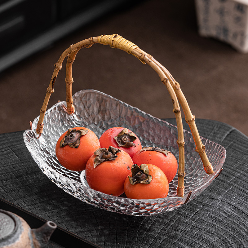 Đĩa trái cây thủy tinh vân búa, Bàn cà phê phòng khách gia dụng, giỏ trái cây cầm tay, đĩa lưu trữ đồ ăn nhẹ phong cách sang trọng nhẹ