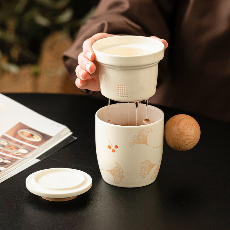 Cốc mug bạch quả màu be có nắp bóng cốc văn phòng cốc tách nước trà gia dụng cốc nước gốm cốc trà đơn