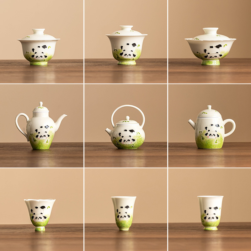 Vẽ tay gấu trúc chơi thế giới cốc trà nắp bát trà biển ấm trà phụ kiện trà đạo bộ trà sứ gia dụng kungfu đơn