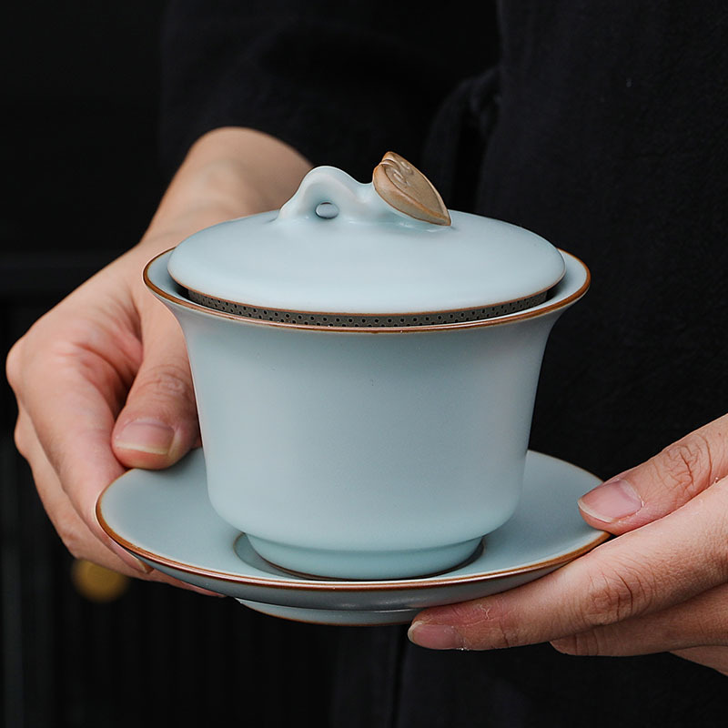 Bát có nắp tam tài gốm sứ Ruyao, bát có nắp lọc, bát pha trà chống bỏng cao cấp, dụng cụ pha trà Kung Fu gia dụng