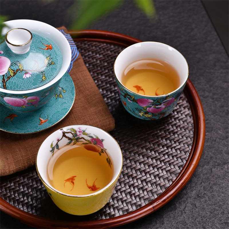 Bộ cốc trà gốm sứ tráng men Bộ trà Kung Fu cốc chủ nhân rồng phượng lớn cốc đơn hộp quà tặng tay