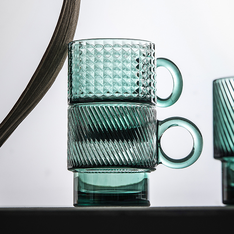 Cốc thủy tinh màu xanh đậm cốc uống nước dung tích lớn gia dụng cho bé gái có giá trị cao có tay cầm gấp cốc uống cà phê