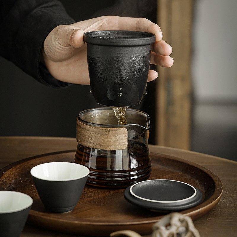 Bộ dụng cụ trà Kung Fu du lịch cầm tay bằng thủy tinh một bình gốm ngoài trời bốn cốc