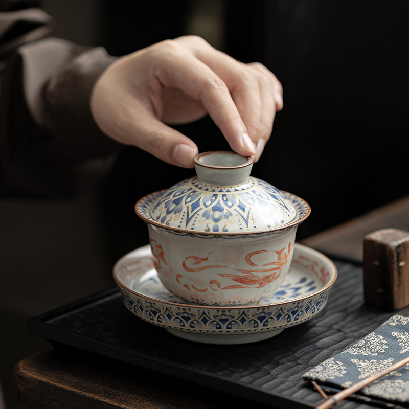 Bát có nắp hình thỏi Đôn Hoàng, bát có nắp ba tài bằng gốm sứ gia dụng, bộ trà Kung Fu mở bằng lò Song Ru, bát pha trà, hộp quà