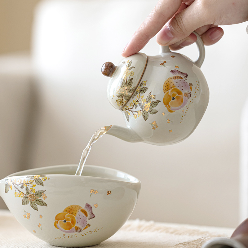 Ấm hình cá osmanthus vàng xám cỏ phong cách Trung Quốc ấm hình ảnh ấm trà gốm sứ gia dụng bộ trà Kung Fu ấm trà Trung Quốc quà tặng