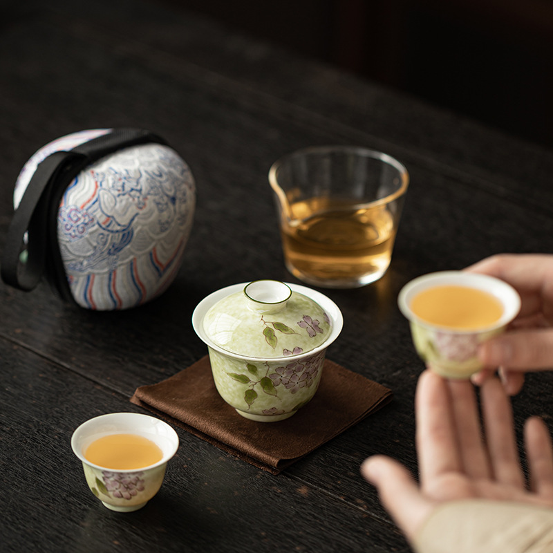 Bát hoa cẩm tú cầu vẽ tay có nắp bộ trà du lịch cầm tay một bát hai cốc gốm sứ nhanh cốc pha trà cắm trại ngoài trời