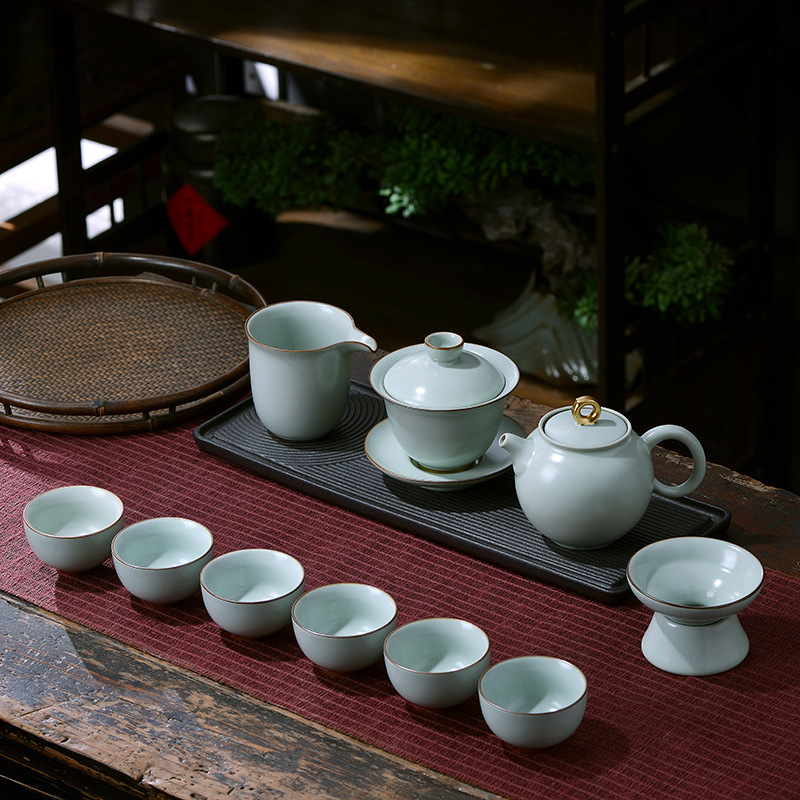 Bộ ấm trà Kung Fu Jingdezhen Ru Kiln mở rộng cao cấp Trung Quốc gốm sứ gia dụng văn phòng nắp bát bao bì hộp quà