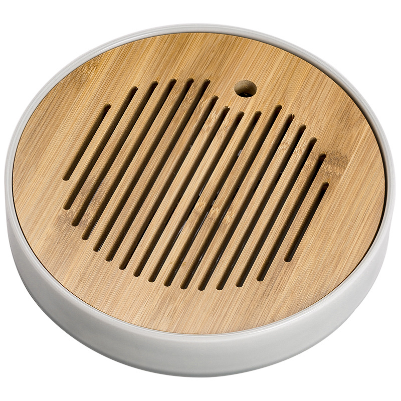 Khay bong bóng khô tròn màu xám đá bồ hóng kiểu Nhật, khay trà kiểu trữ nước bằng gốm, Khay trà bàn trà thoát nước cỡ nhỏ