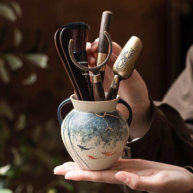 Trà đạo đỏ đá lửa trắng xanh sáu quý ông vẽ tay vàng hoa sen koi cao cấp phụ kiện trà kung fu bình hoa