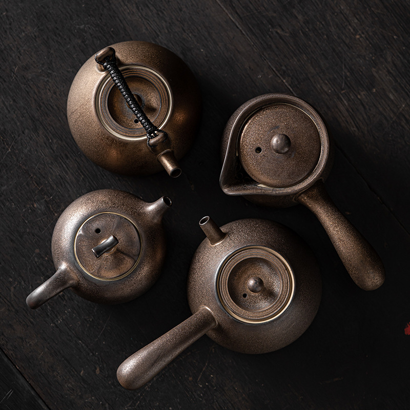 Ấm trà Kung Fu Gốm Sứ Cổ Điển Thủ Công bằng sắt mạ vàng kiểu Nhật ấm trà Đơn Gia dụng nhỏ