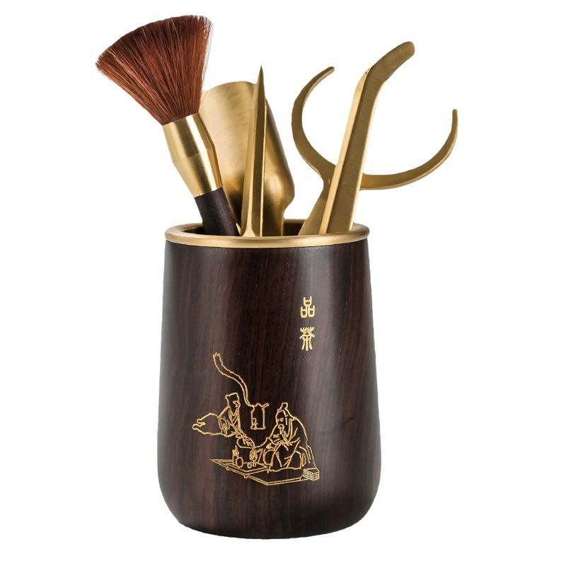 Bộ Phụ Kiện Bộ trà Kungfu sáu quý ông trà đạo bằng gỗ mun thìa trà dao kẹp trà dụng cụ pha trà 6 quý ông