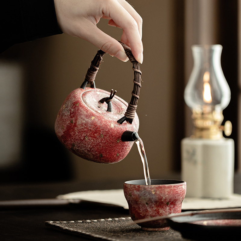 Ấm nắm nhỏ bằng gốm sơn mỏ, ấm cầm xà đan mây, ấm pha trà vàng điểm kiểu Trung Quốc, ấm đơn, bộ trà Kung Fu gốm sứ, hộp quà