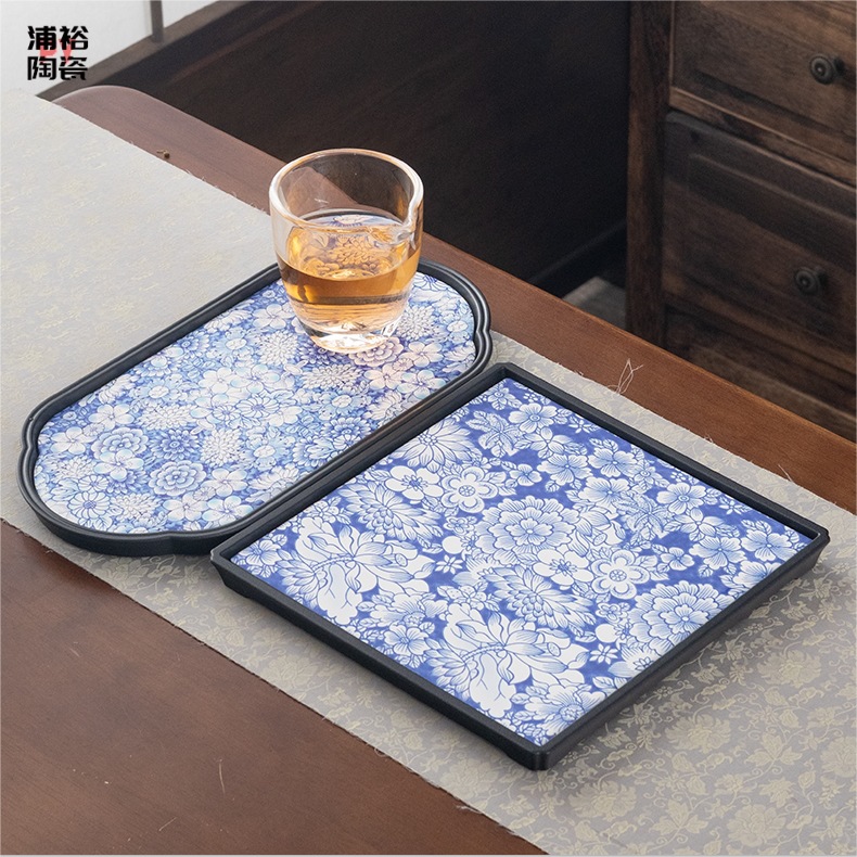 Khay trà xanh trắng cổ điển kiểu Trung Quốc Mới Bộ Trà Công Phu gốm sứ gia dụng đệm bình trà bàn pha khô hút nước loại nhỏ khay trà