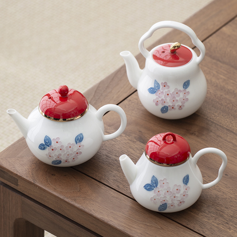 Ấm trà tráng men màu vẽ tay, ấm đơn hoa cẩm tú cầu cổ điển, dụng cụ pha trà gốm sứ cao cấp gia dụng