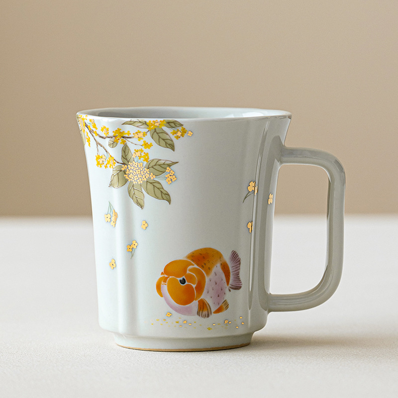 Cốc gốm sứ cá osmanthus vàng xám thực vật phong cách quốc gia cốc uống trà dung tích lớn gia dụng cốc cà phê cá nhân văn phòng
