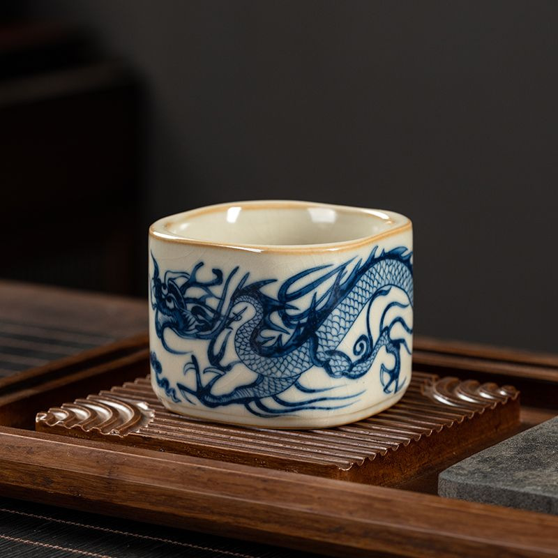 Cốc trà vuông trắng xanh cao cấp bộ trà gốm sứ công phu cốc cá nhân có thể mở cốc chủ nhân cỡ lớn cốc đơn tặng quà