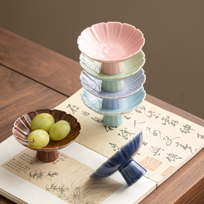 Đĩa giải khát Yulian Đĩa chấm điểm chân cao cỡ nhỏ mini Bàn trà gia dụng bằng gốm Đĩa trái cây Đĩa ăn vặt bánh ngọt