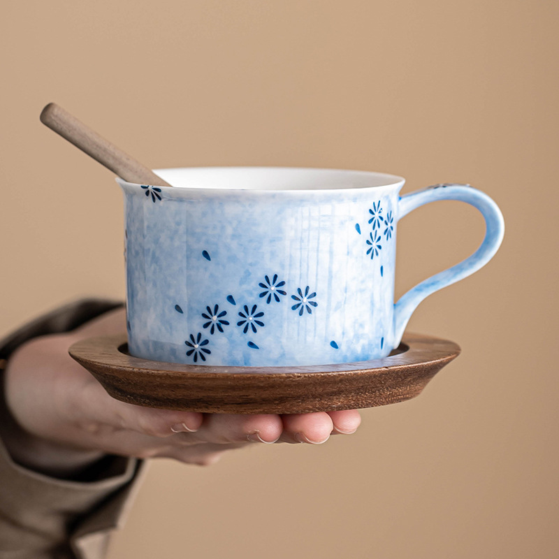 Cốc cà phê gốm hoa cúc xanh, cốc trộn tinh tế cao cấp, cốc có giá trị cao, cốc chuyên dụng cà phê, cốc trà