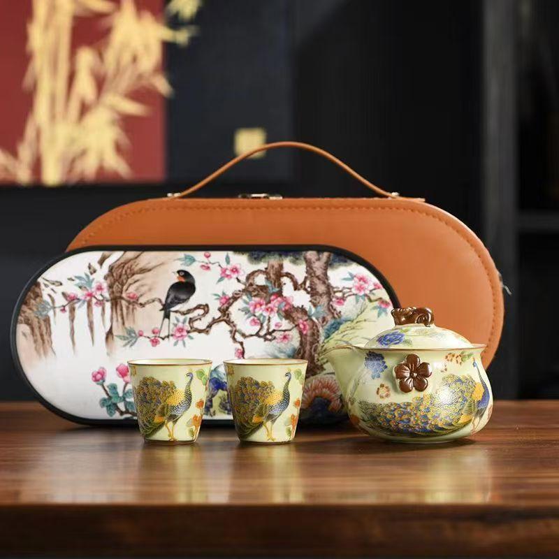 Ấm pha trà, ấm công, ấm cầm tay lò Ru, chén trà nắp bát, bộ trà kungfu du lịch gia dụng cao cấp chống bỏng, gốm sứ